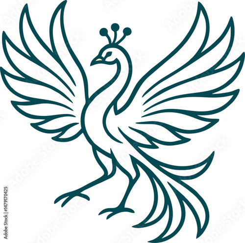 Line vector of peacock with wings spread in dynamic shape