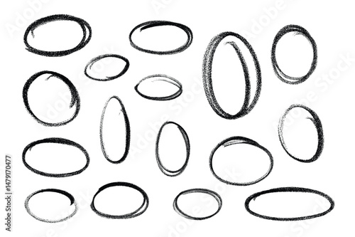 Hand-Drawn Black Marker Circles and Ovals Set on White Background