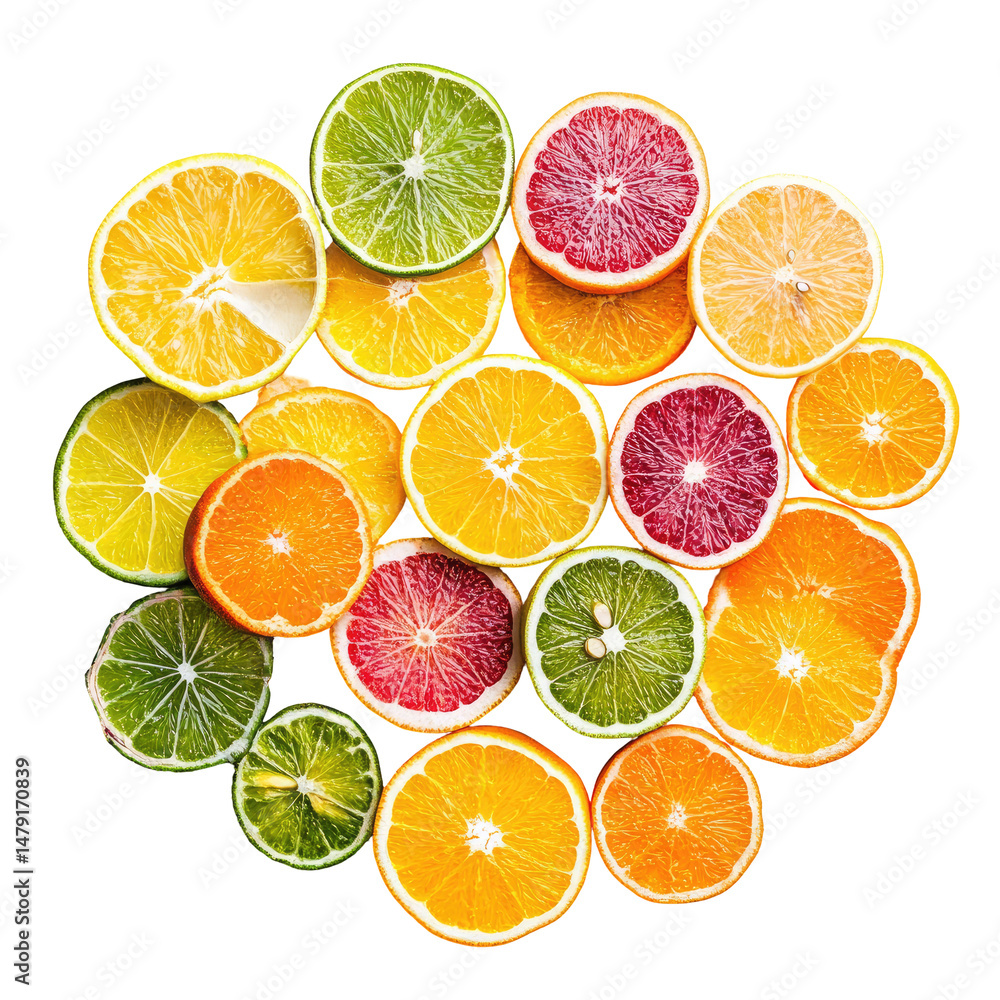 Fototapeta premium Colorful citrus slices arranged in a circle