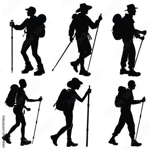 Set of Hikers in Various Poses Vector Silhouettes