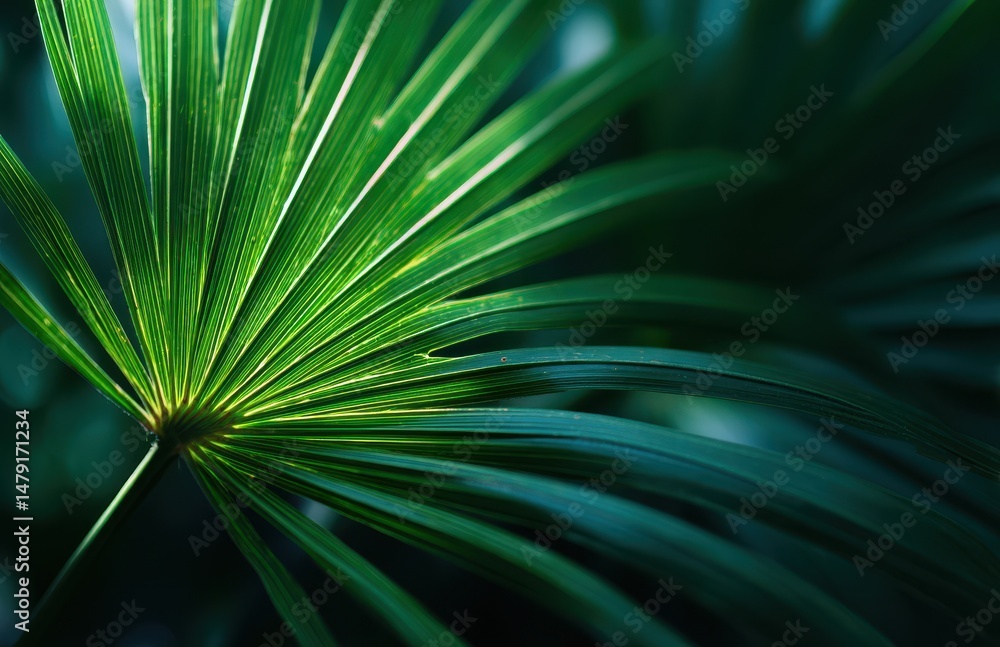 Obraz premium Close-up of vibrant green palm fronds in deep shadows.