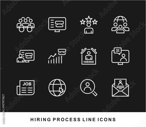 Hiring Process Line Icons. Recruitment, Job Application, Interview, Candidate Selection Vector Set