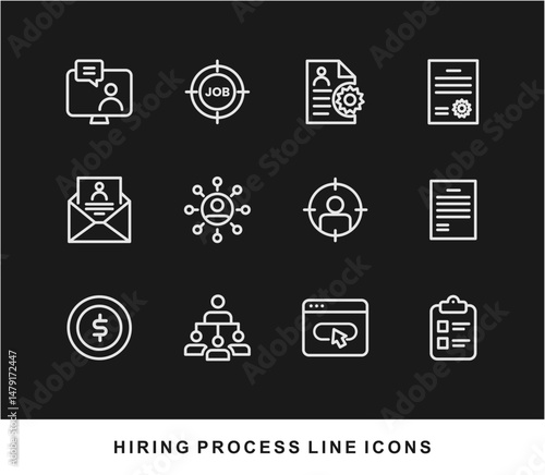 Hiring Process Line Icons. Recruitment, Job Application, Interview, Candidate Selection Vector Set