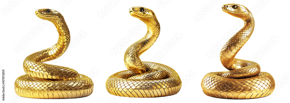 Fototapeta premium Coiled golden snake sculpture with detailed scales isolated on white transparent background, reptiles or wildlife, symbolizing Chinese Lunar New year