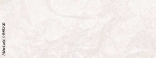 White wrinkled paper texture. Vector halftone pixelated manga background. Light beige neutral color dots bg. Grungy urban backdrop. Wide horizontal duotone banner. Crumpled punk collage template