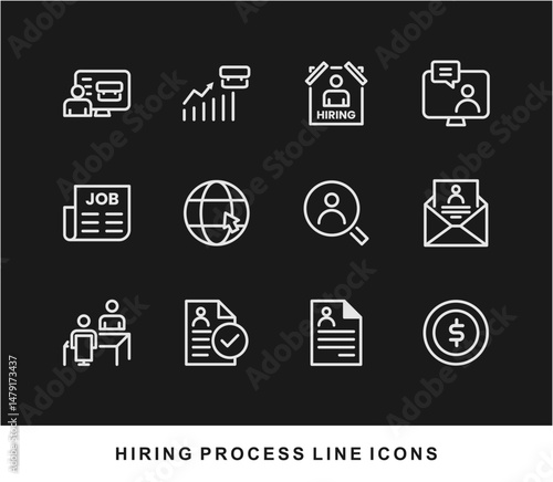 Hiring Process Line Icons. Recruitment, Job Application, Interview, Candidate Selection Vector Set