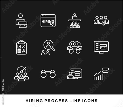 Hiring Process Line Icons. Recruitment, Job Application, Interview, Candidate Selection Vector Set