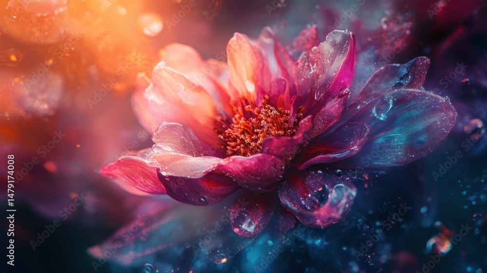 Dreamy close up of a vibrant pink flower with water droplets and bokeh lights artistic floral photography Dreamy close up of a vibrant pink flower with water droplets and bokeh lights artistic floral photography