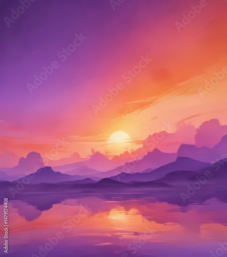 Abstract sunset, orange purple watercolor wash,  canvas,  ink