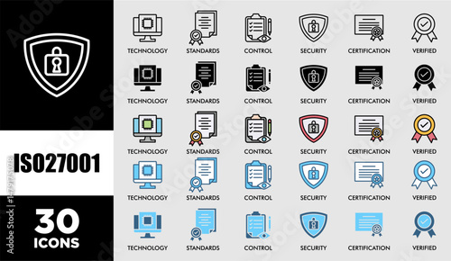 ISO27001 icon set with various styles and colors customer satisfaction questionnaire for information security management system (ISMS) with an icon of technology, standards, control, security, certifi