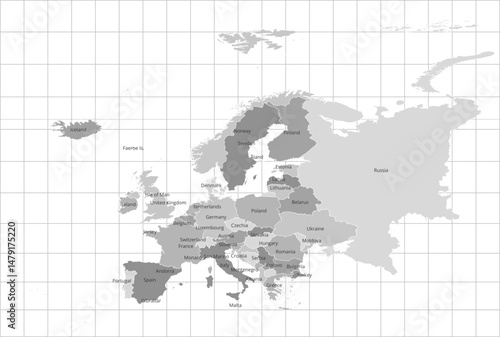Europe vector map with country names, boundaries and graticules (Compact Miller projection, 5 degree interval graticules, PPT-compatible & fully editable)