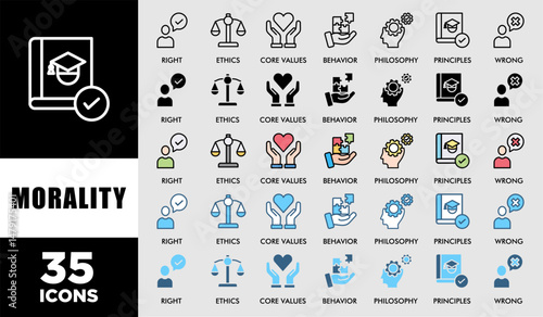 MORALITY icon set with various styles and colors customer satisfaction questionnaire of Right, ethics, wrong, behavior, philosophy, society, principles, core values. Business banner web vector infogra