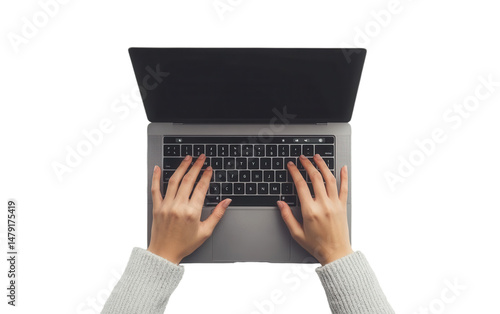 Person is typing on a laptop on transparent or white background