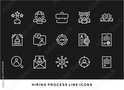 Hiring Process Line Icons. Recruitment, Job Application, Interview, Candidate Selection Vector Set