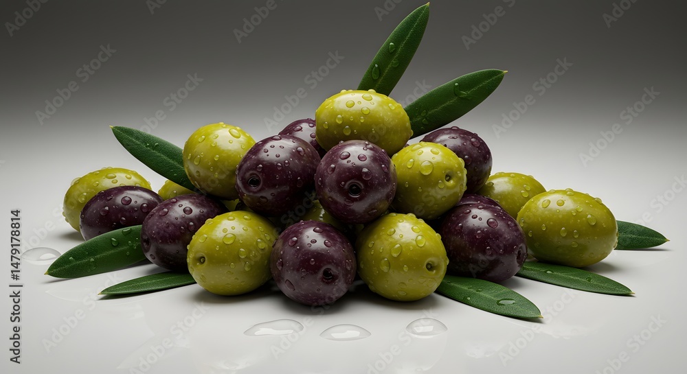 Obraz premium Olive Pile with Leaf and Water Drops