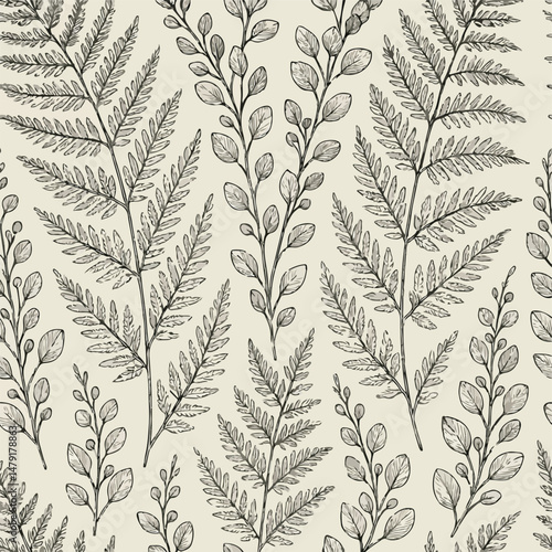Ferns and eucalyptus branches, illustration, vector botanical sketchbook vibe, ideal for organic beauty products