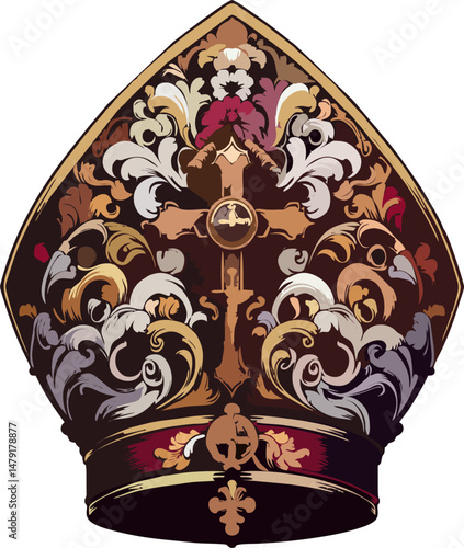 Baroque Papal Mitre with Golden Cross and Ornamental Flourishes – Detailed Catholic Bishop Hat Vector on White Background