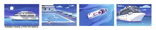 Summer voyage at night set. Cruise on sea liner on vacation. People travel by big luxury ship in ocean. Tourists relax at swimming pool on modern cruiser on holidays. Flat vector illustrations