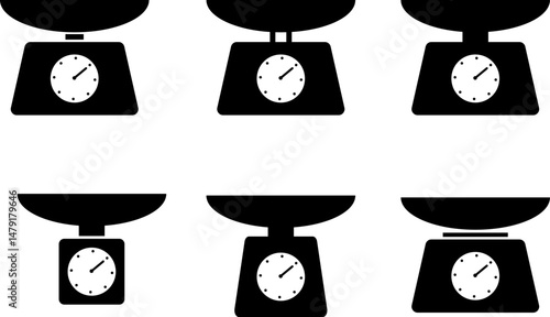 Scale icon set. Judgement justice scales symbols. Law punishment sign. Vintage balance and equilibrium. Weight icons