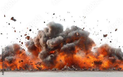 Large explosion with a lot of debris and smoke on transparent or white background