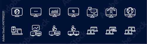 Remote Work Line Icons . Freelancer Work from Home, Video Call, Online Meeting, Teleconference Vector Set