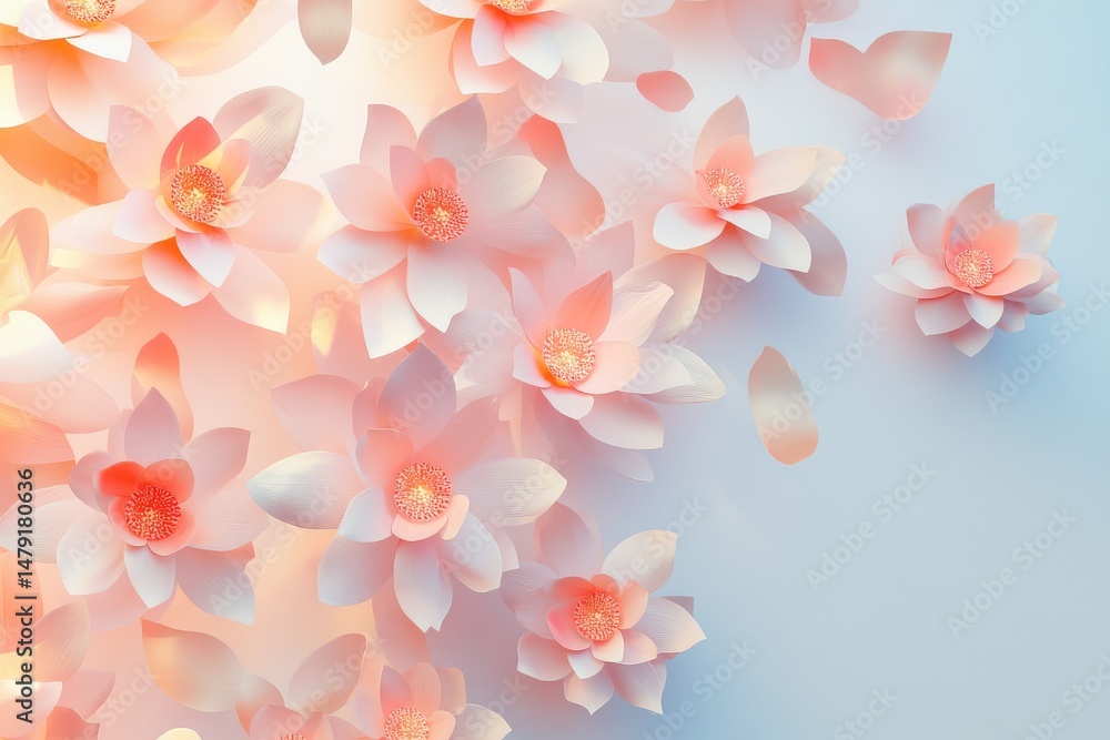 Floating lotus flowers with glowing centers in gradient sunset colors on white background. Soft shadows, clean composition, and professional lighting in high detail. Floating lotus flowers with glowing centers in gradient sunset colors on white background. Soft shadows, clean composition, and professional lighting in high detail.