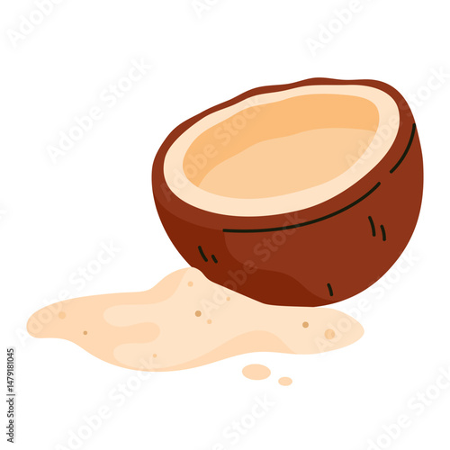 Coconut sugar with a half coconut shell. Healthy alternative to refined sugar. Sweet natural product. Vector illustration in cartoon style. Isolated on white background