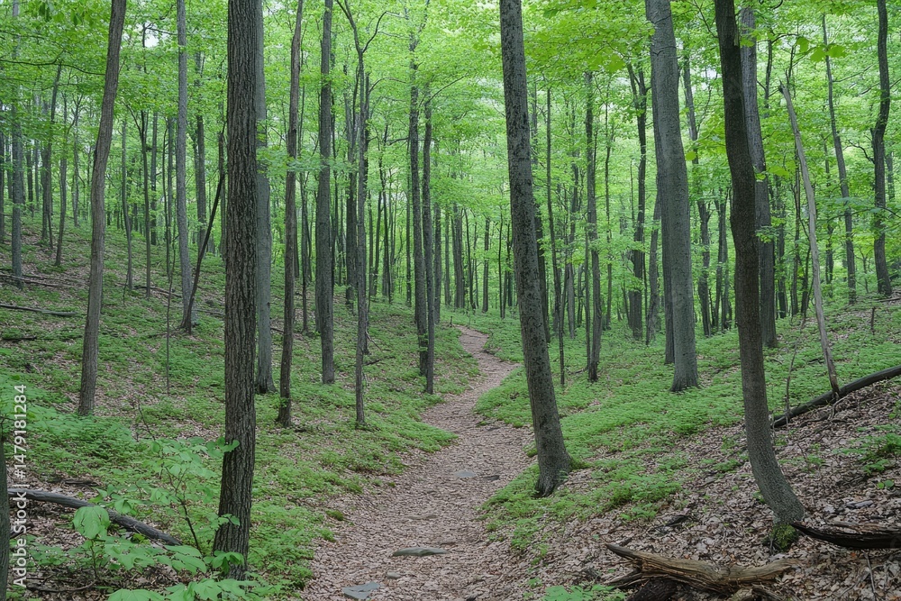 Fototapeta premium Verdant forest trail winds through lush woodland.