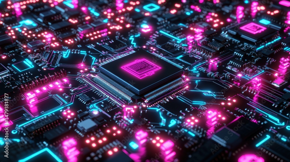 Obraz premium Highly Detailed Technological Circuit Board with Bright Neon Lights Glowing in Pink and Blue for Futuristic Electronic and Digital Technology Concept
