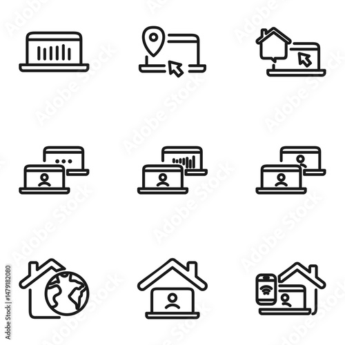 Remote Work Line Icons . Freelancer Work from Home, Video Call, Online Meeting, Teleconference Vector Set