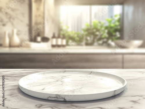 A sleek round marble tray sits on a marble countertop in a sunlit modern kitchen. The soft-focus background features greenery, bottles, and neutral-toned decor, creating a luxurious and serene setting