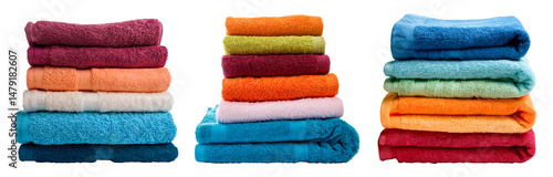 group of pile of neatly towel in variation colors isolated on white background