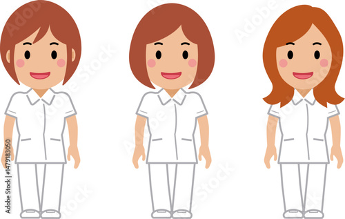 笑顔で両手を下ろし、白制服を着た看護師の女性