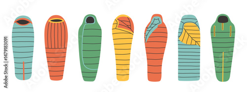 Sleeping bag set. Simple sleeping bag collection for outdoor. Various styles and colors suitable for different weather conditions.