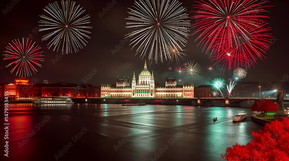 Fototapeta premium Futuristic Sci-Fi Celebration Over Budapest Parliament – Fireworks, Space, and Hungarian Pride in Generative AI Art