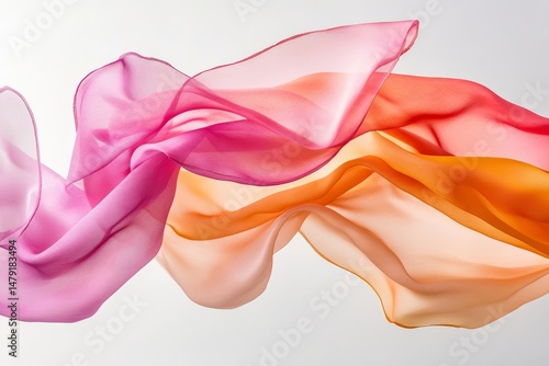 Floating silk fabrics dyed with natural flower pigments creating ombré effects on white background. Soft shadows, clean composition, and professional lighting in high detail.