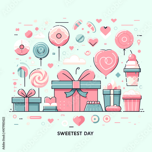 Sweetest Day gifts and candy in flat pastel illustration