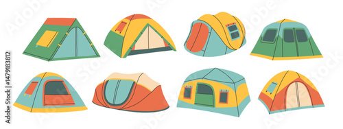 Camping tents set. Simple flat vector illustration of colorful dome and A-frame tents for outdoor adventure, hiking, and camping. Summer travel, wilderness exploration, and nature trip concept