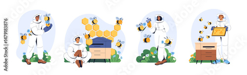 Beekeeping concept set. Apiarists gather honey from beehive. People in costumes do apiculture. Apiary workers pick up harvest from hive in bee garden. Flat isolated vector illustrations on white