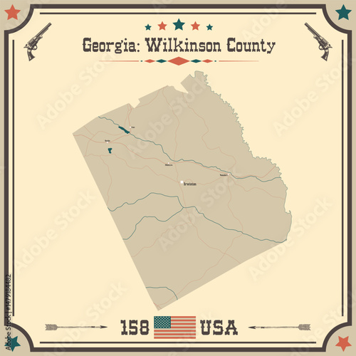 Large and accurate map of Wilkinson County, Georgia, USA with vintage colors.