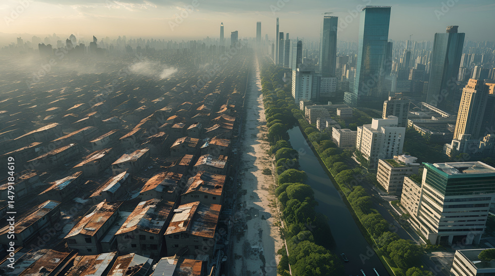 Fototapeta premium Aerial view of a large city sharply divided by economic class.