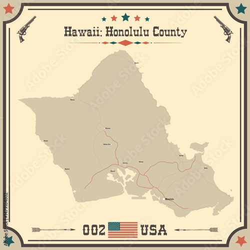 Large and accurate map of Honolulu County, Hawaii, USA with vintage colors.
