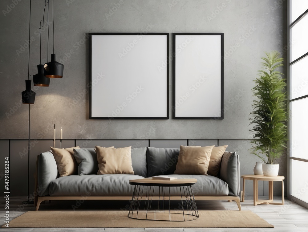 Fototapeta premium Mockup frame in bedroom interior background, Coastal boho style