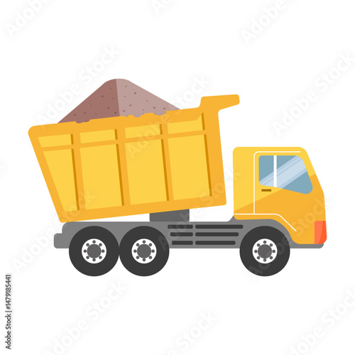 Yellow cartoon dump truck carrying gravel. Construction vehicle vector illustration.