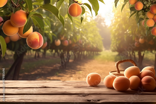 A close-up view of fresh peaches on a wooden table with peach trees in the background, bathed in warm sunlight. The scene conveys a rustic, tranquil atmosphere, evoking the harvest season.

