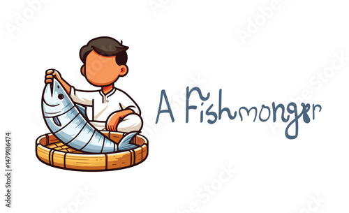a fishmonger is selling fish vector