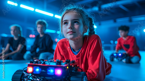 Girl Playing with Robot in Blue Lit Room
