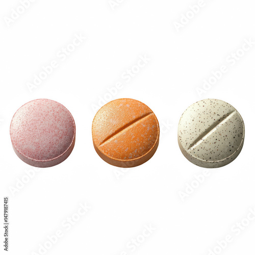 Assorted round tablets isolated on transparent background cutout