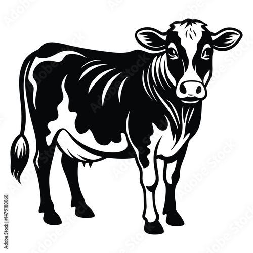 Cow animal vector silhouette with a white background, drawn in a woodcut style with simple line art