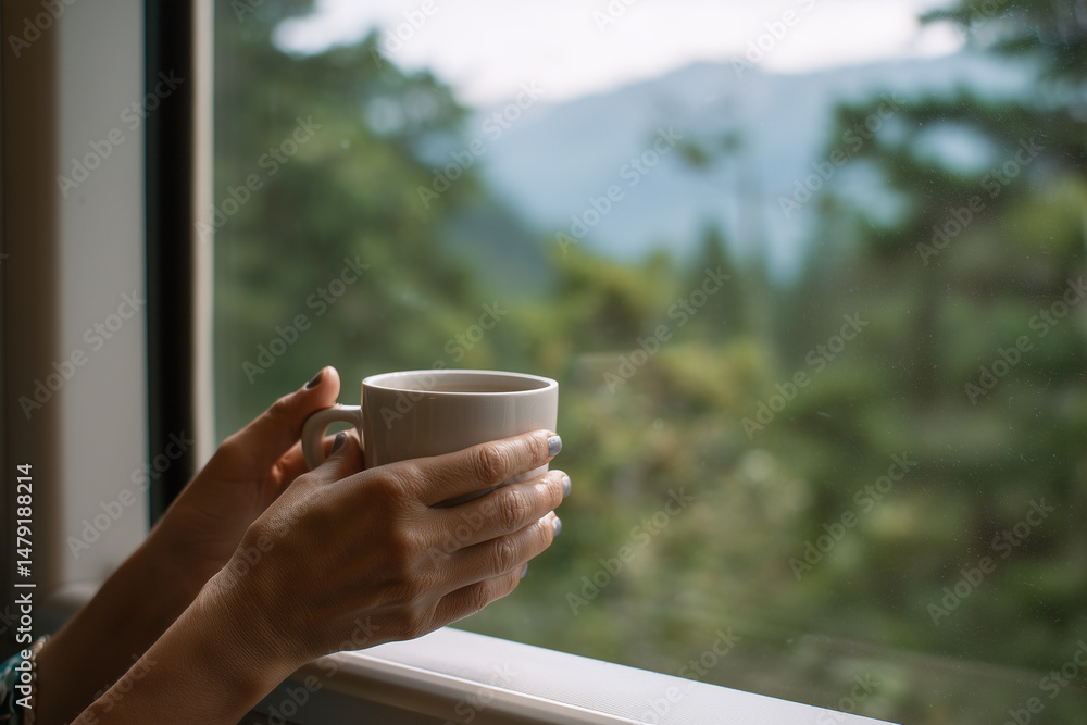A cup of tea or coffee in hand against the background of a compartment window on a train with a view of the mountains. Travel. A cup of tea or coffee in hand against the background of a compartment window on a train with a view of the mountains. Travel.